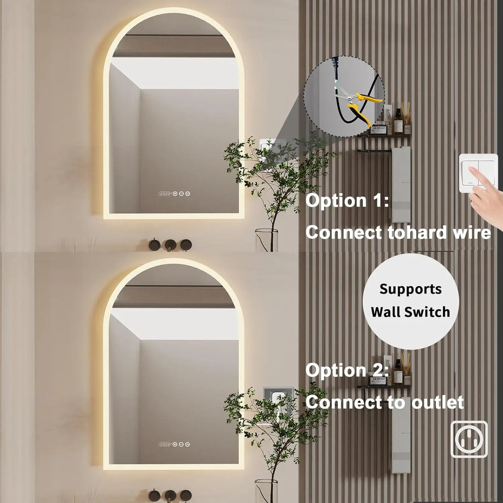 Illuminate Your Bathroom with the Backlit Smart LED Mirror: 36 x 24 Inch Arched, Dimmable, Anti-Fog with Time & Temperature Display - CRI95