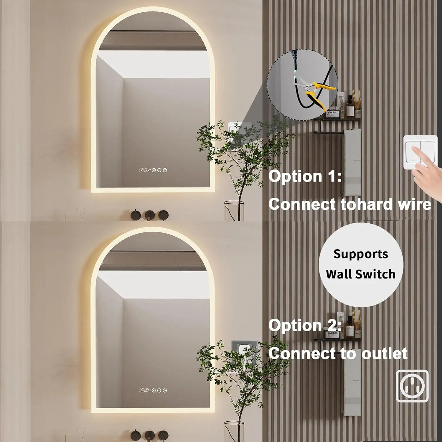 Illuminate Your Bathroom with the Backlit Smart LED Mirror: 36 x 24 Inch Arched, Dimmable, Anti-Fog with Time & Temperature Display - CRI95