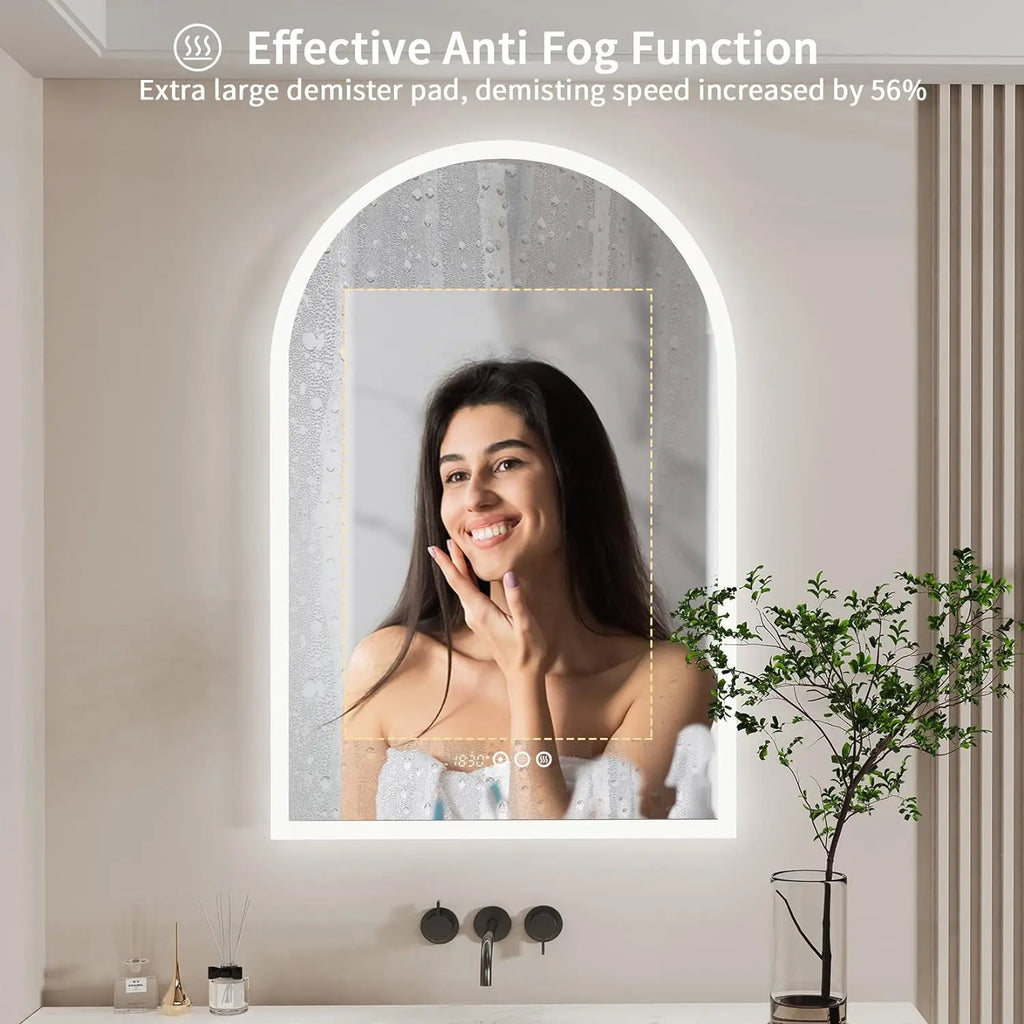 Illuminate Your Bathroom with the Backlit Smart LED Mirror: 36 x 24 Inch Arched, Dimmable, Anti-Fog with Time & Temperature Display - CRI95