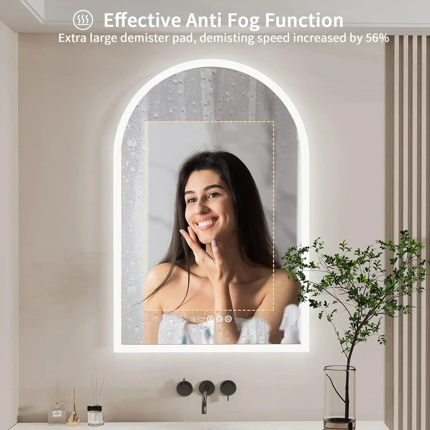 Illuminate Your Bathroom with the Backlit Smart LED Mirror: 36 x 24 Inch Arched, Dimmable, Anti-Fog with Time & Temperature Display - CRI95
